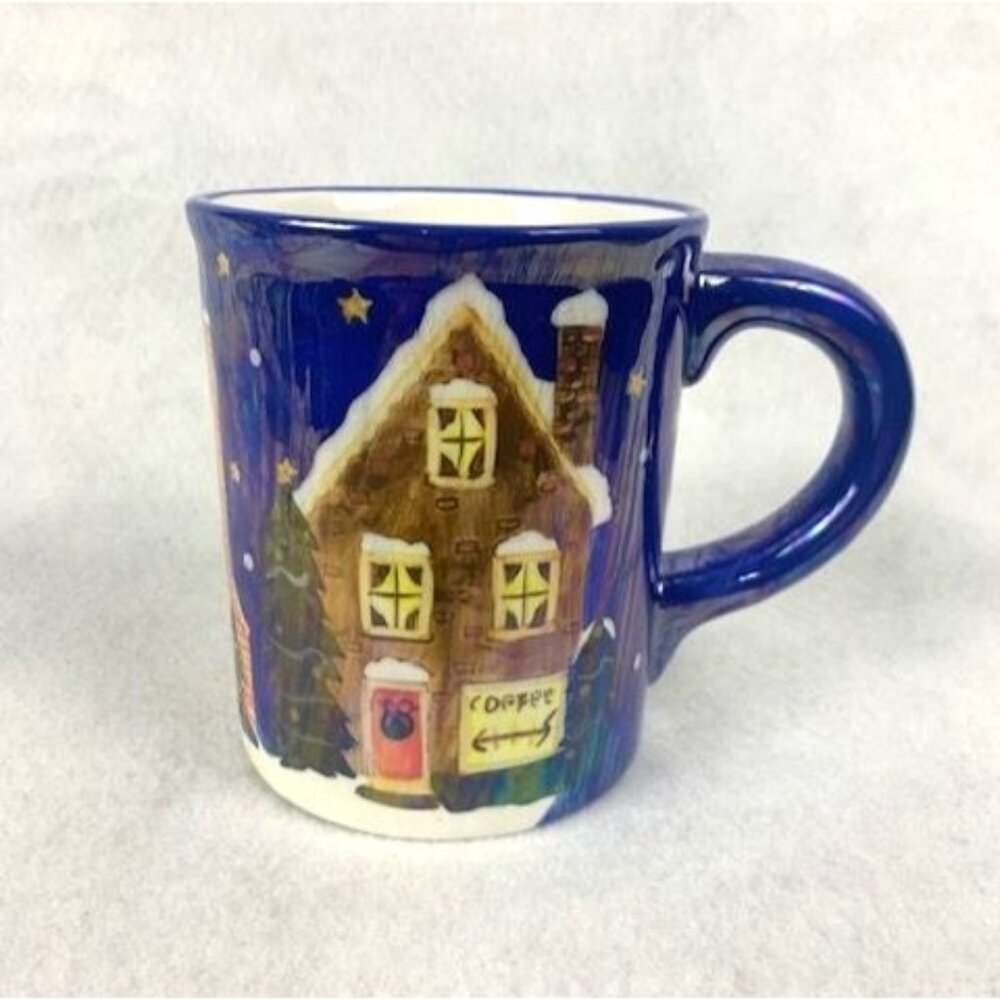 Ceramic Coffee Tea Mug by Cardinal Inc with‎ Winter Village Scene Blue Handle